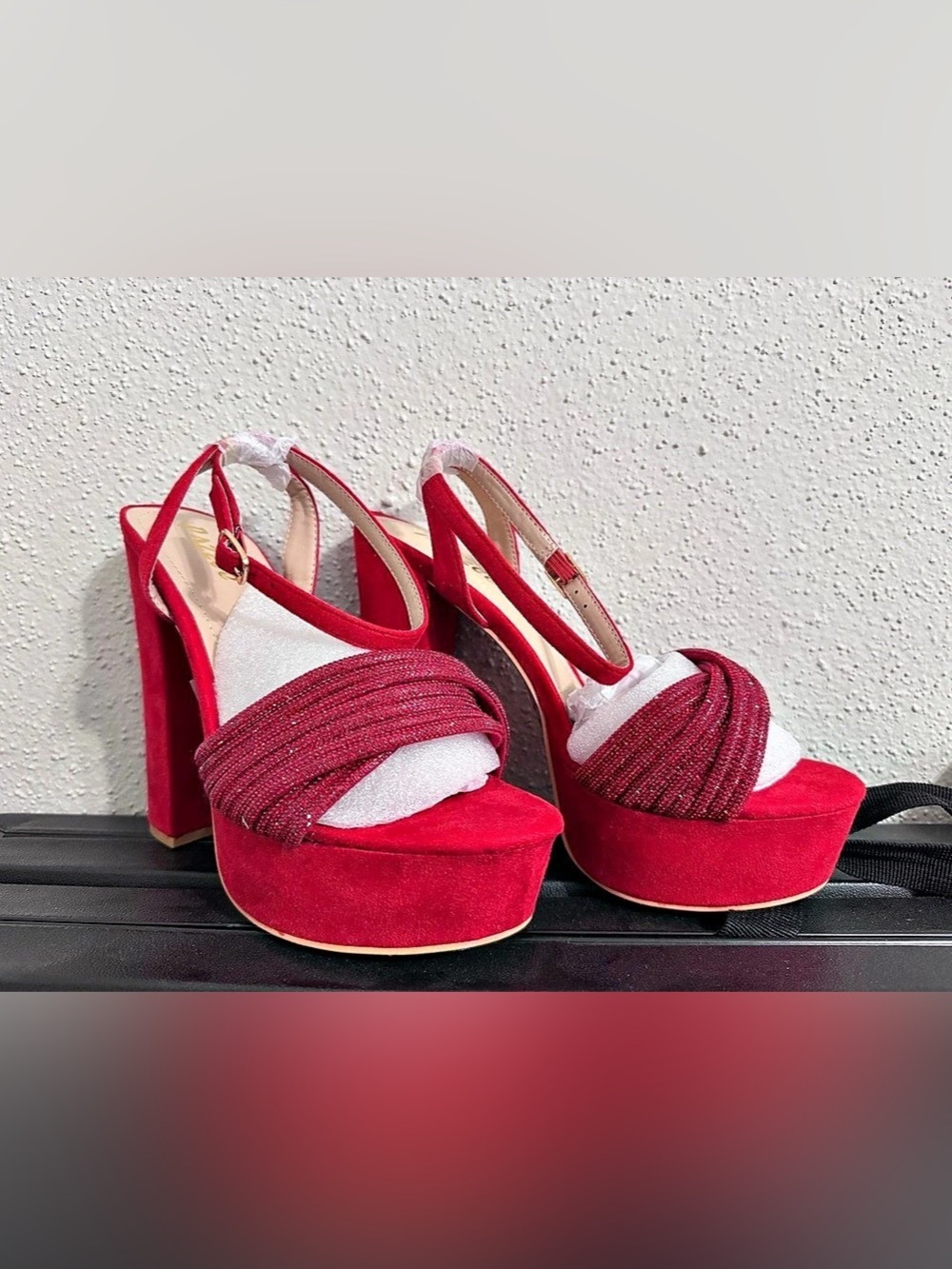Platform High Heels Embellished Front Straps Women’s Shoe Size 8.5 Red